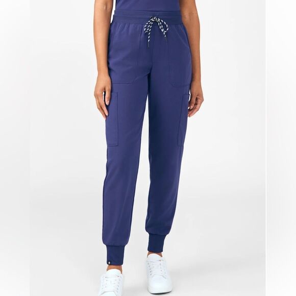 BEYOND M Navy Blue Cloud Nine 6-Pocket Knit Waistband Cargo Jogger Scrub Pants - Picture 1 of 10